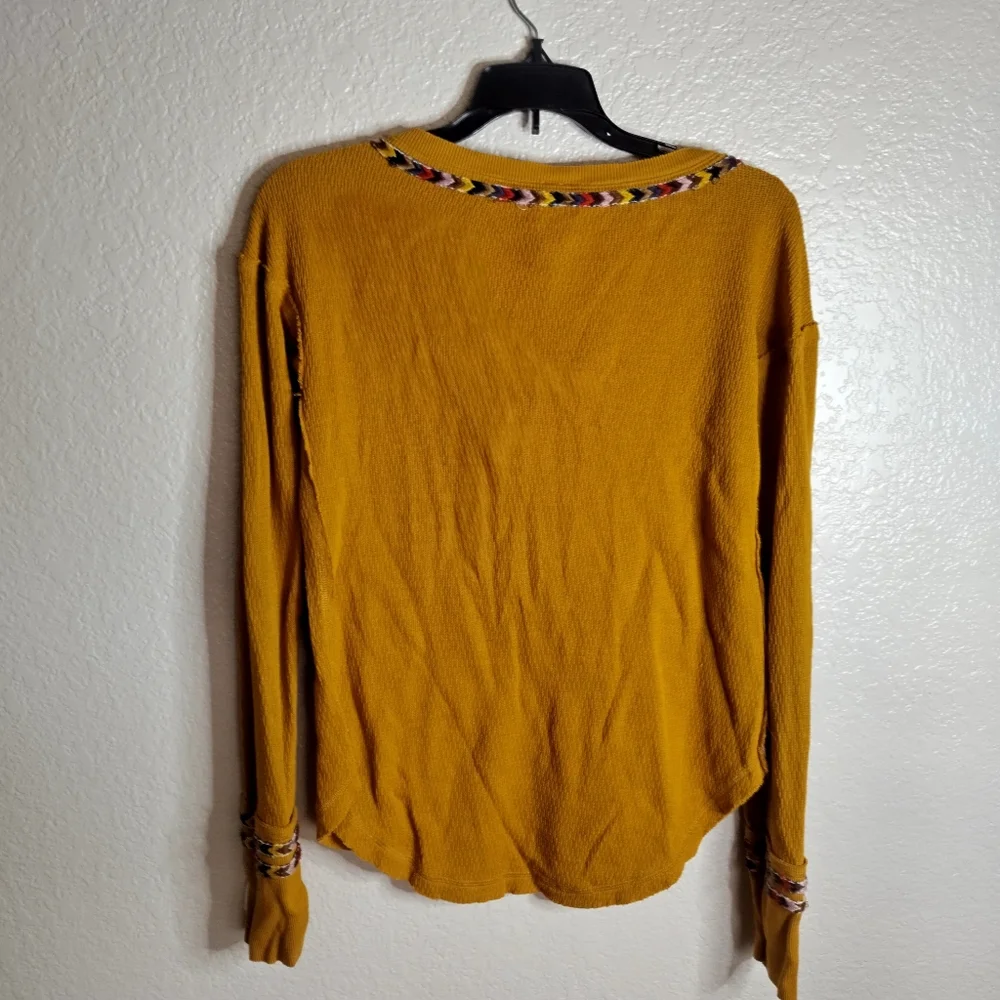 Free People We The Free Mustard Yellow Rainbow Embellished Thermal Top Sz S